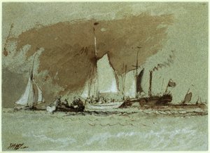 Fiskebåter til sjøs, ombord på en dampbåt utenfor Isle of Wight (indisk blekk forsterket med hvitt på papir)